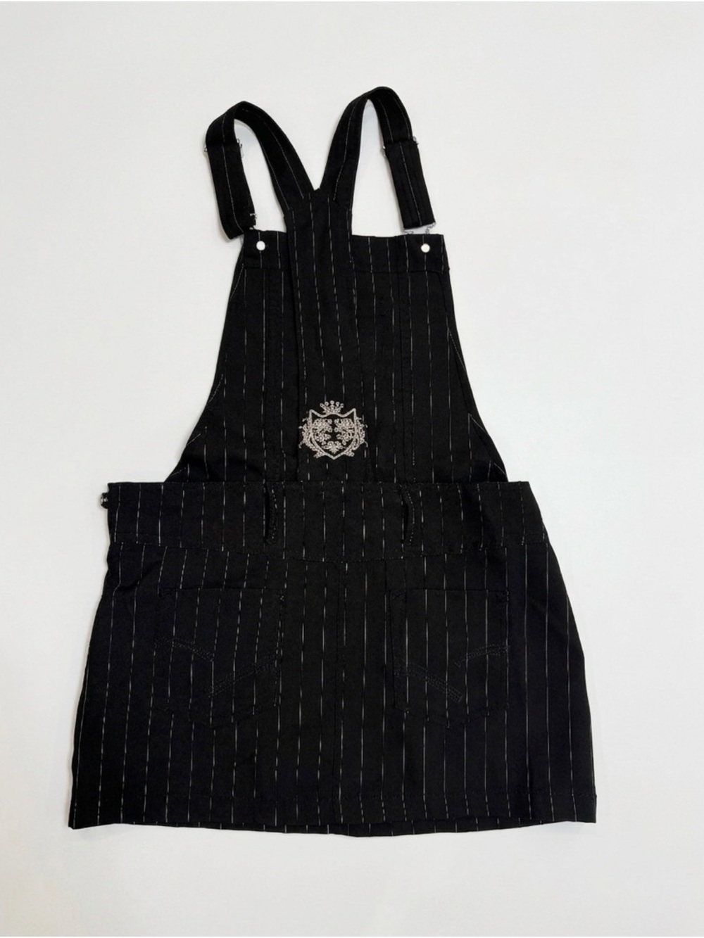 Vintage Black Pinstriped Pinafore overalls with Embroidered Crest
